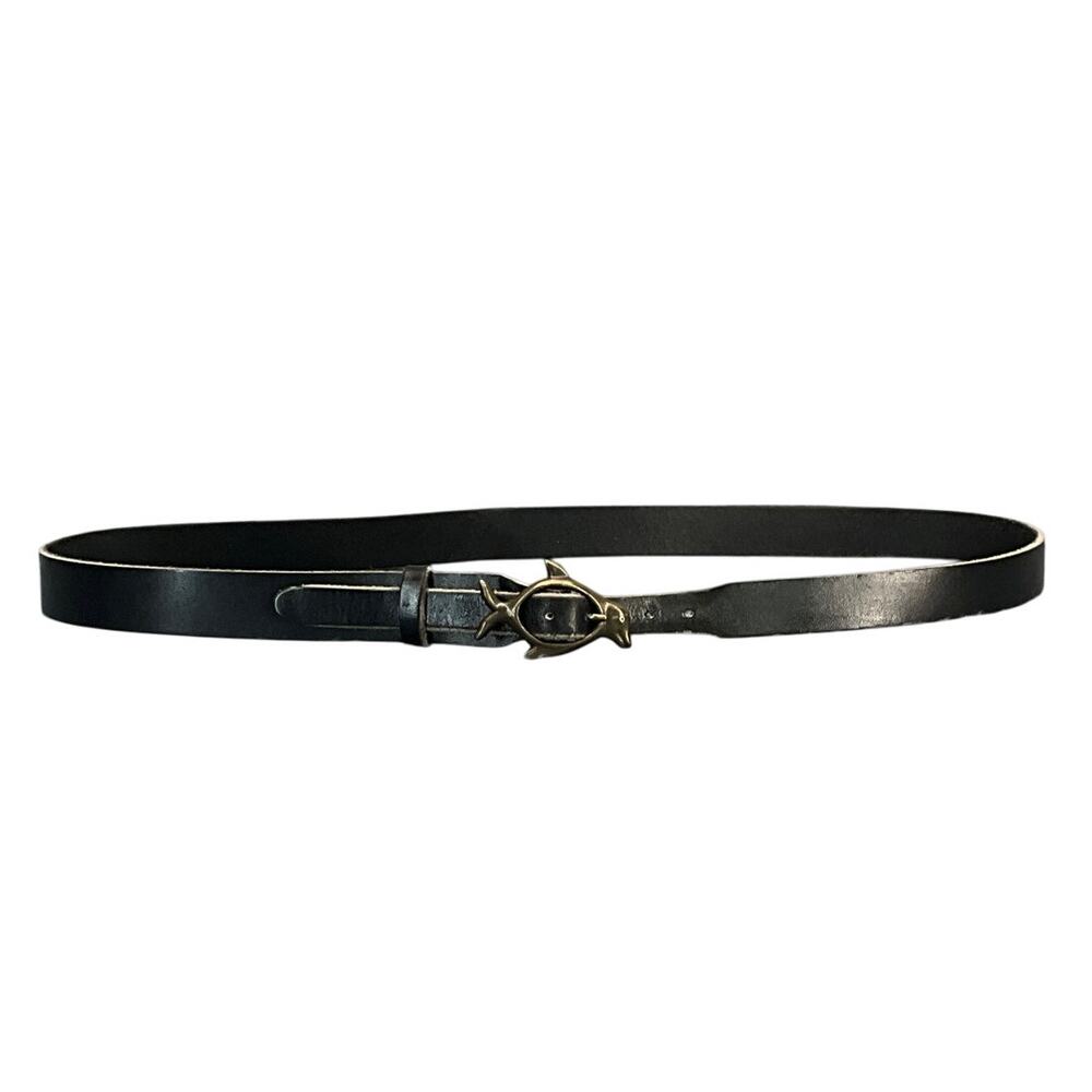 Black Genuine Leather Belt Flipper Dolphin Brass Buckle 32.5” - 35.5”